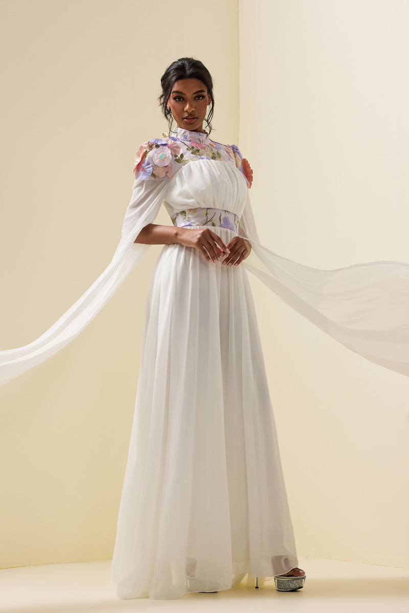 Embroidered Cape Sleeve Maxi Dress White