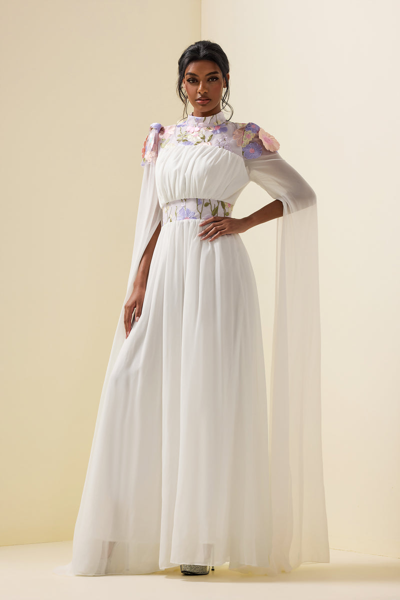 Embroidered Cape Sleeve Maxi Dress White