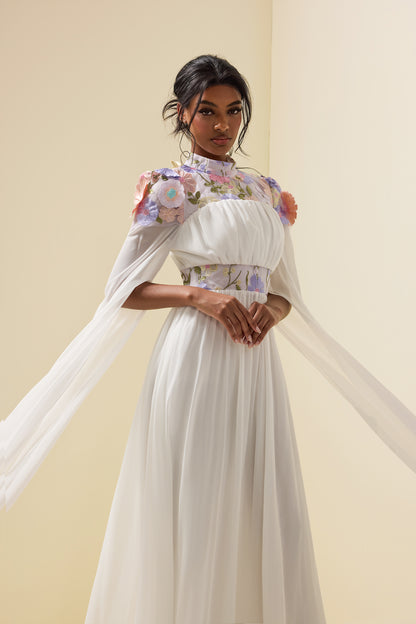 Embroidered Cape Sleeve Maxi Dress White