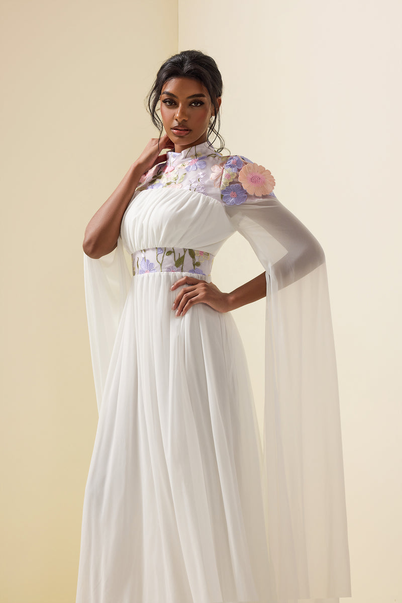 Embroidered Cape Sleeve Maxi Dress White