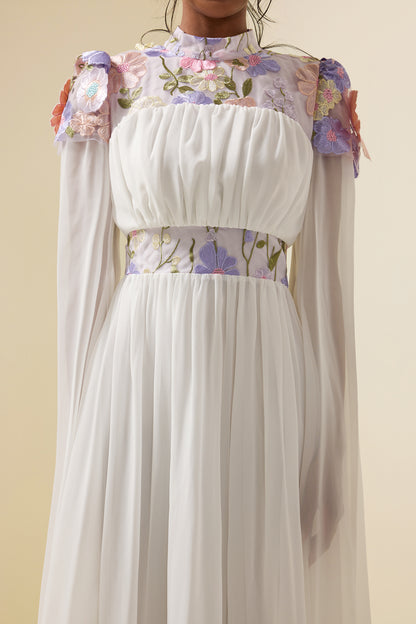 Embroidered Cape Sleeve Maxi Dress White
