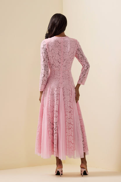 Lace Splicing Long Sleeve Midi Dress