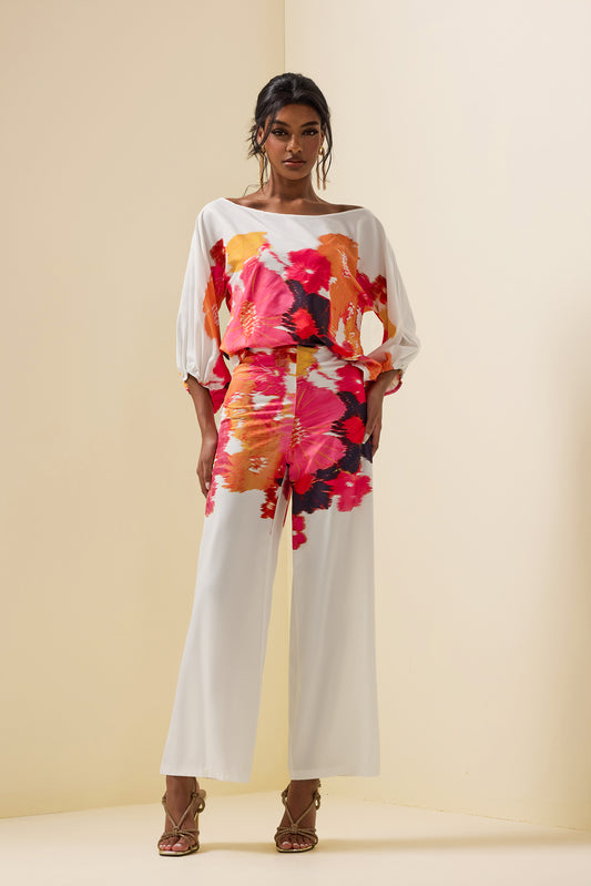 Abstract Print Off-shoulder Top �?high Waist Pants Set
