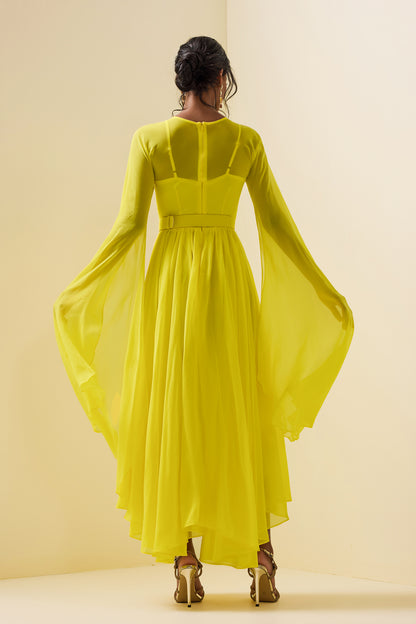 Mesh Cape Sleeve Midi Dress With Belt