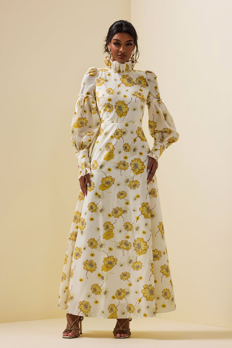 Stand Collar Lantern Sleeve Maxi Dress