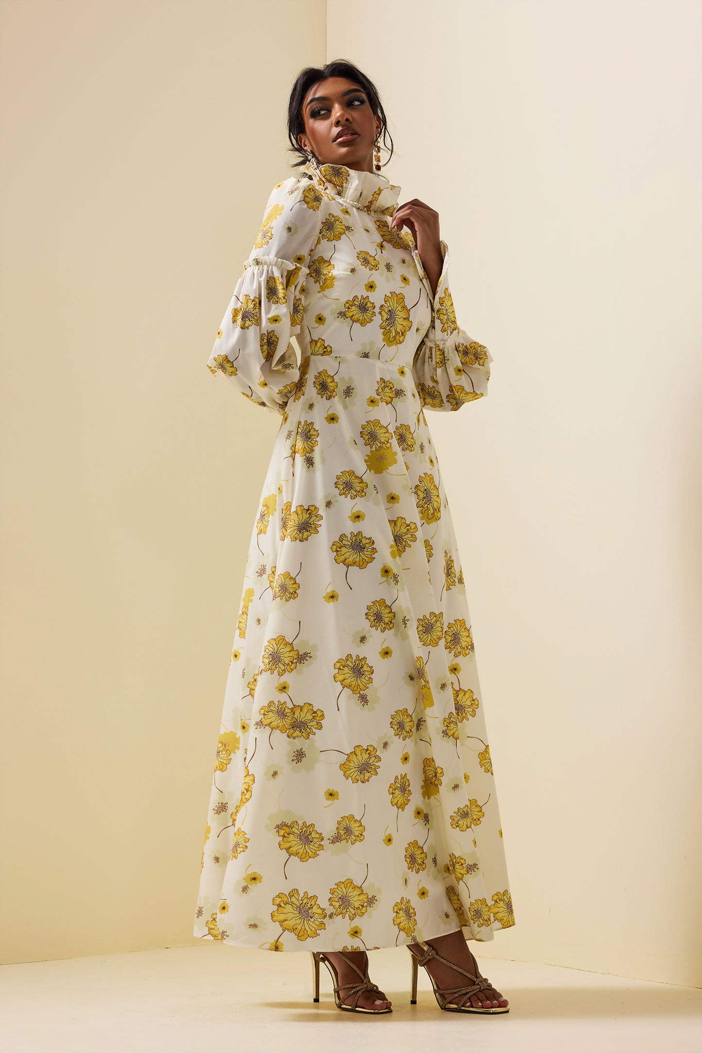 Stand Collar Lantern Sleeve Maxi Dress