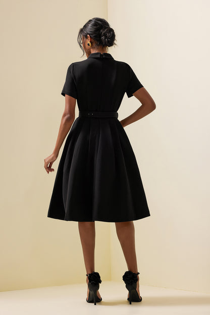 Embroidered Shirt Collar Midi Dress With Belt Black