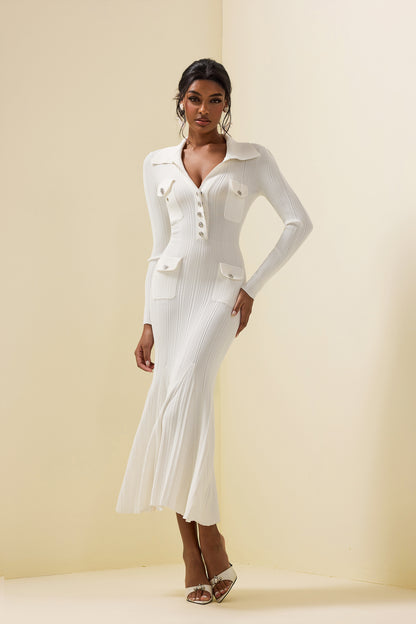 Jersey Button Long Sleeve Midi Dress