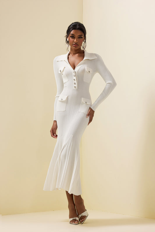 Jersey Button Long Sleeve Midi Dress