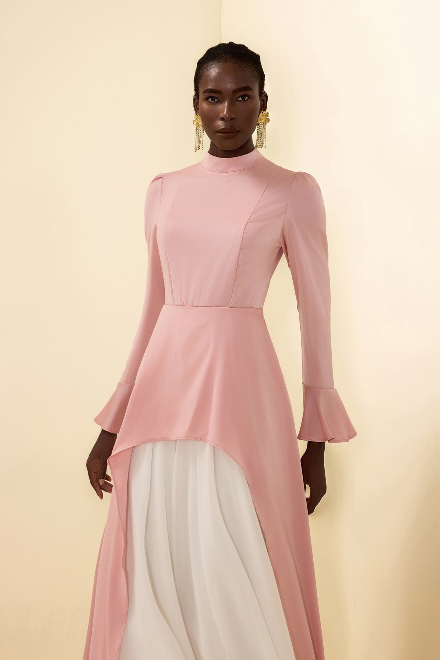 Satin Stand Collar Ball Sleeve Midi Dress
