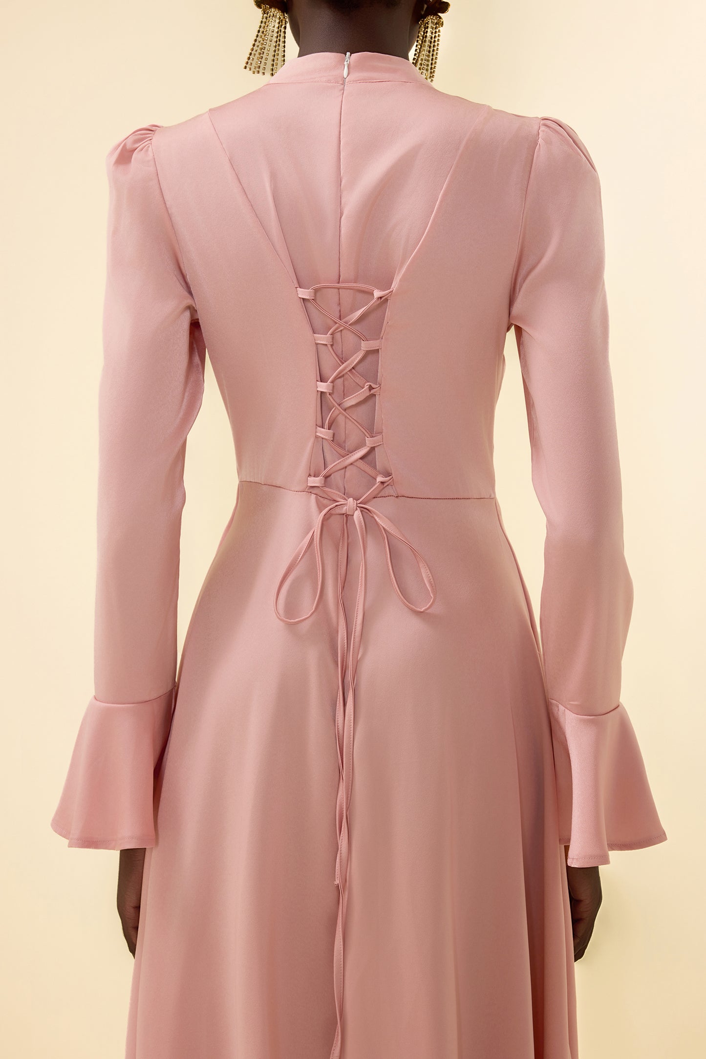 Satin Stand Collar Ball Sleeve Midi Dress