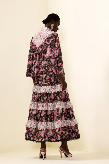 Paisley Print Gold Foil Stamping Midi Dress