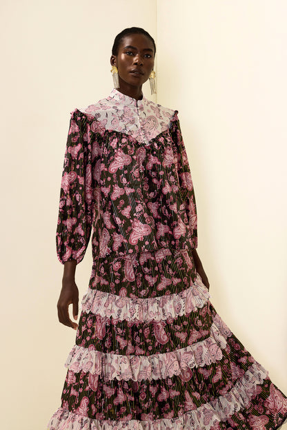 Paisley Print Gold Foil Stamping Midi Dress