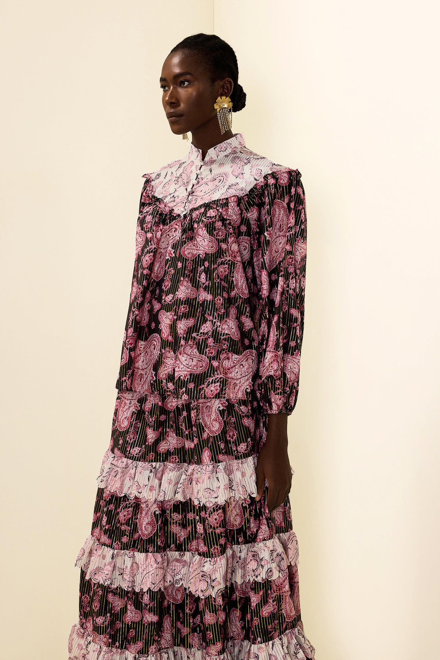 Paisley Print Gold Foil Stamping Midi Dress