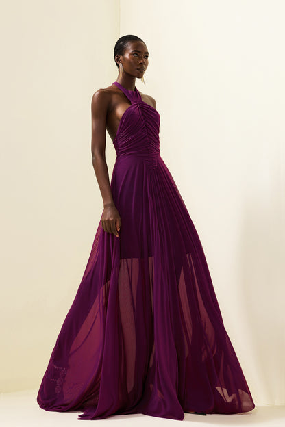 Halter Neck Ruched Maxi Dress