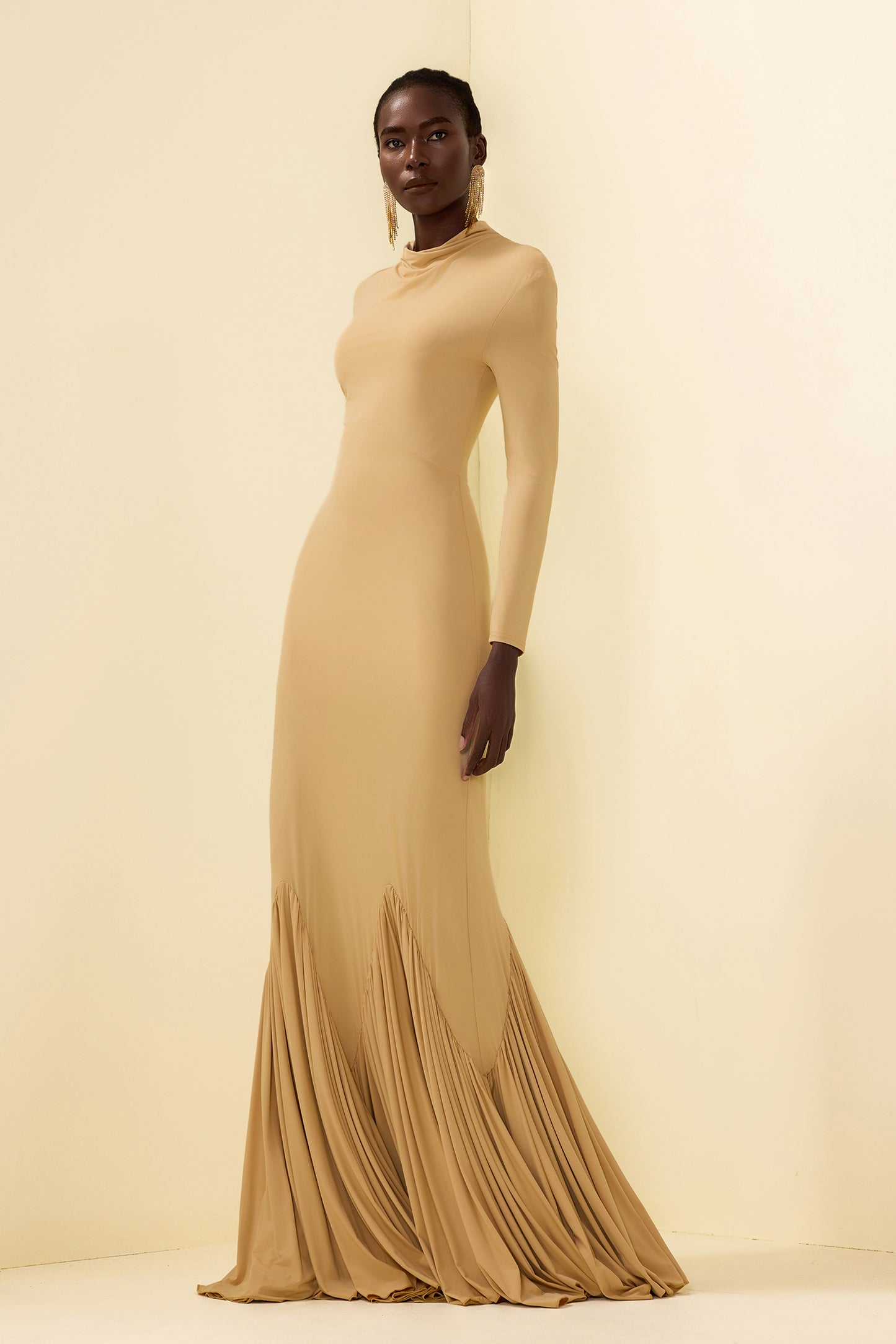 Cowl Neckline Pleat Long Sleeve Maxi Dress