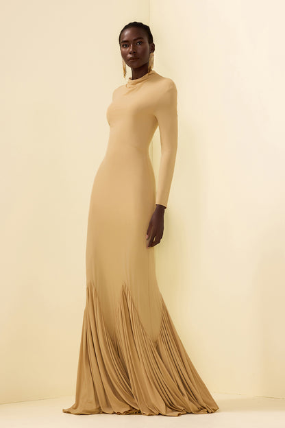 Cowl Neckline Pleat Long Sleeve Maxi Dress