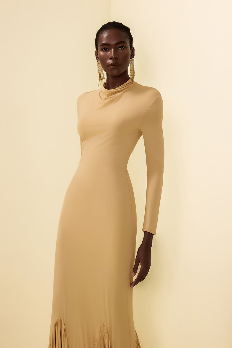 Cowl Neckline Pleat Long Sleeve Maxi Dress