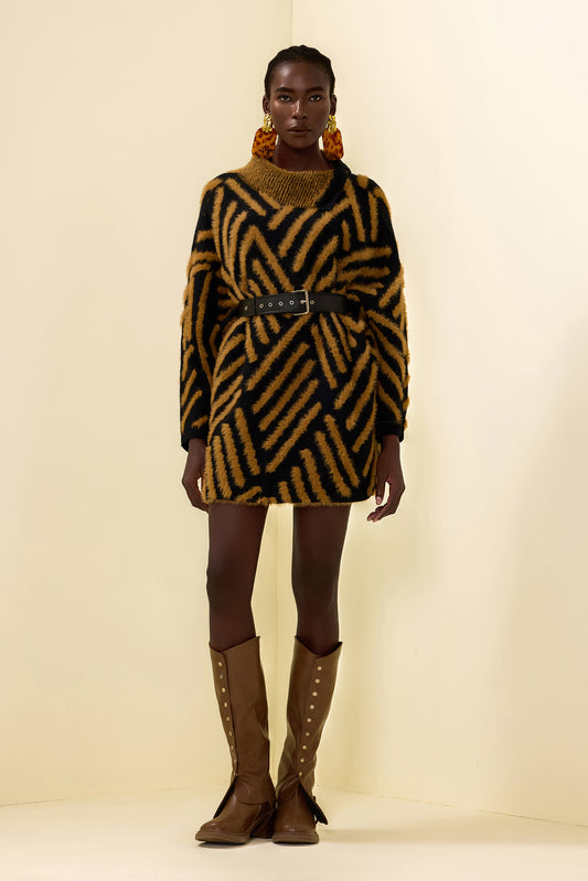High Neck Long Sleeve Sweater With Belt