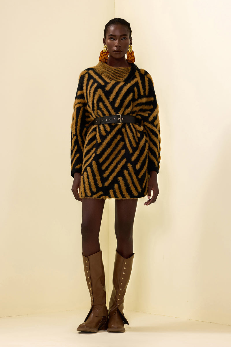 High Neck Long Sleeve Sweater With Belt