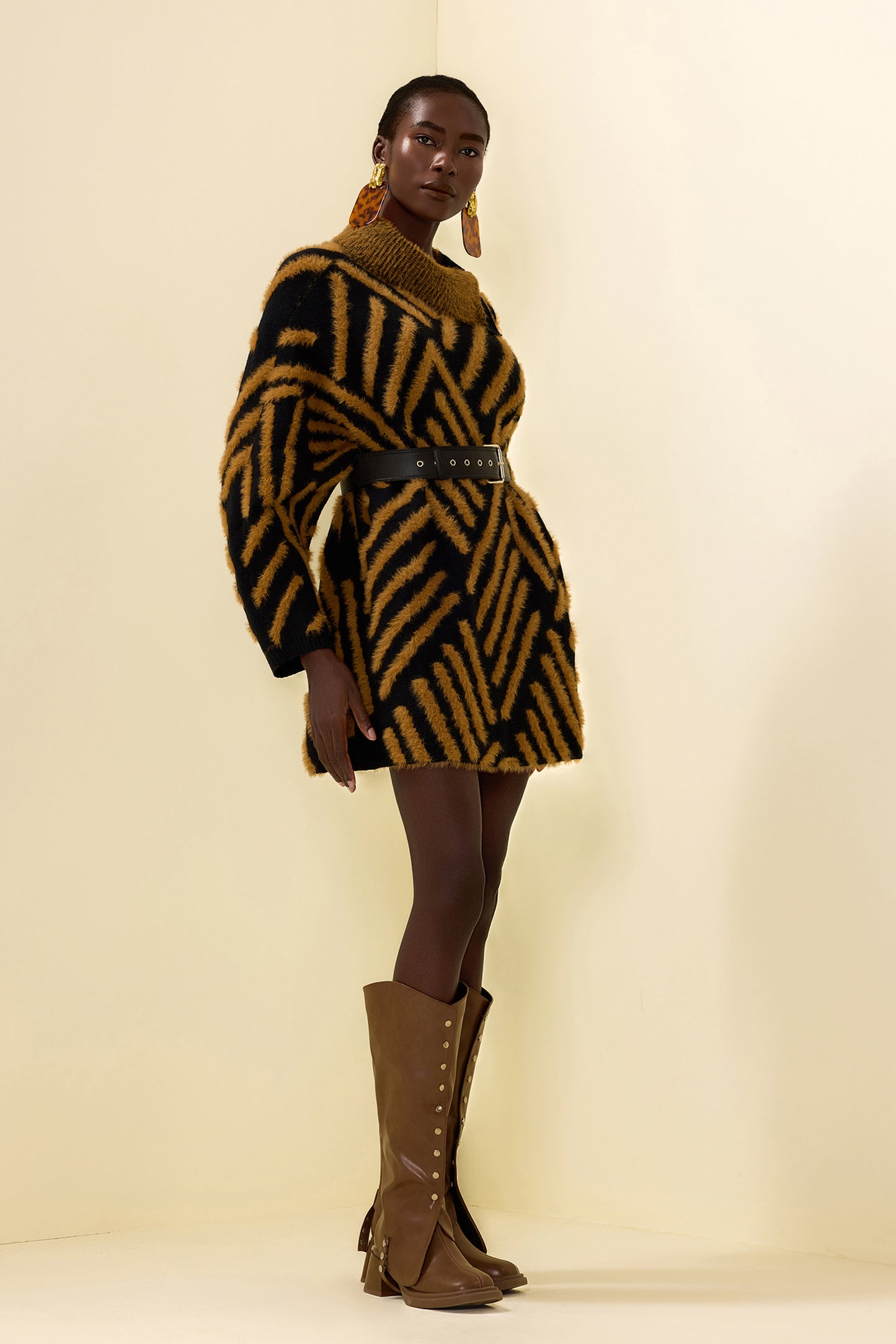 High Neck Long Sleeve Sweater With Belt