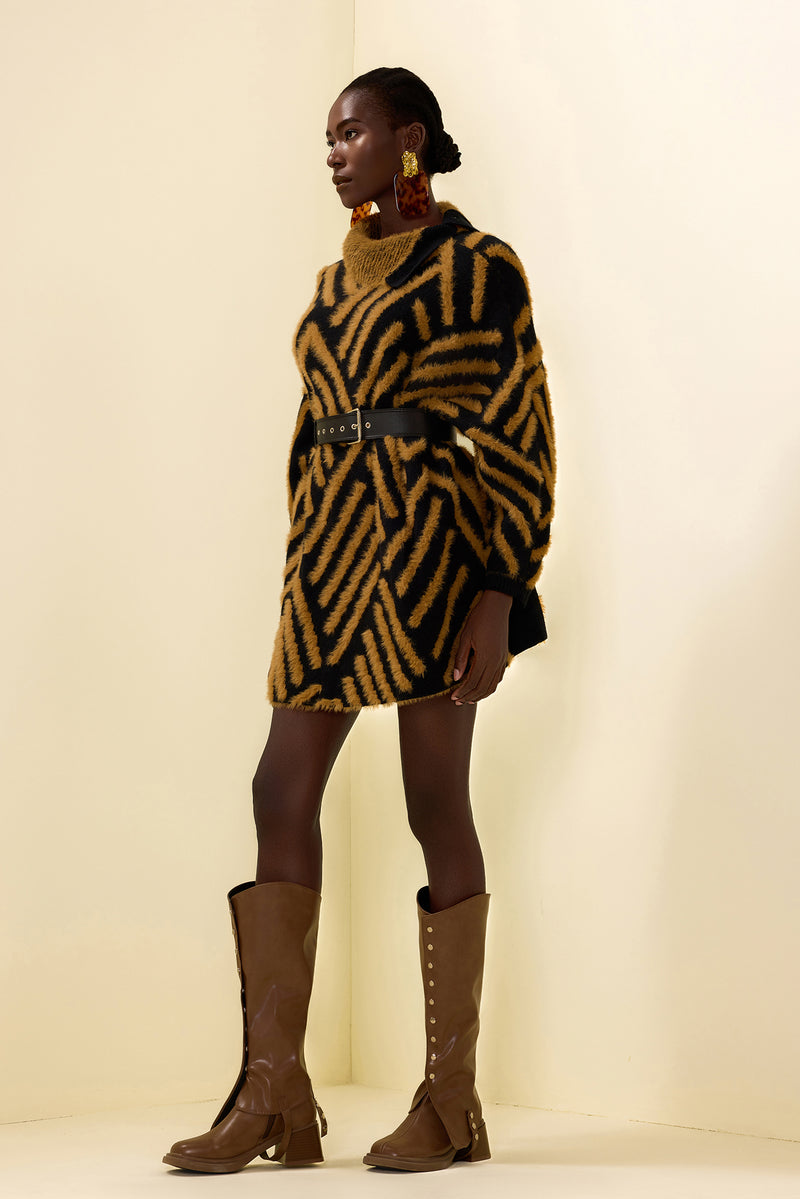 High Neck Long Sleeve Sweater With Belt