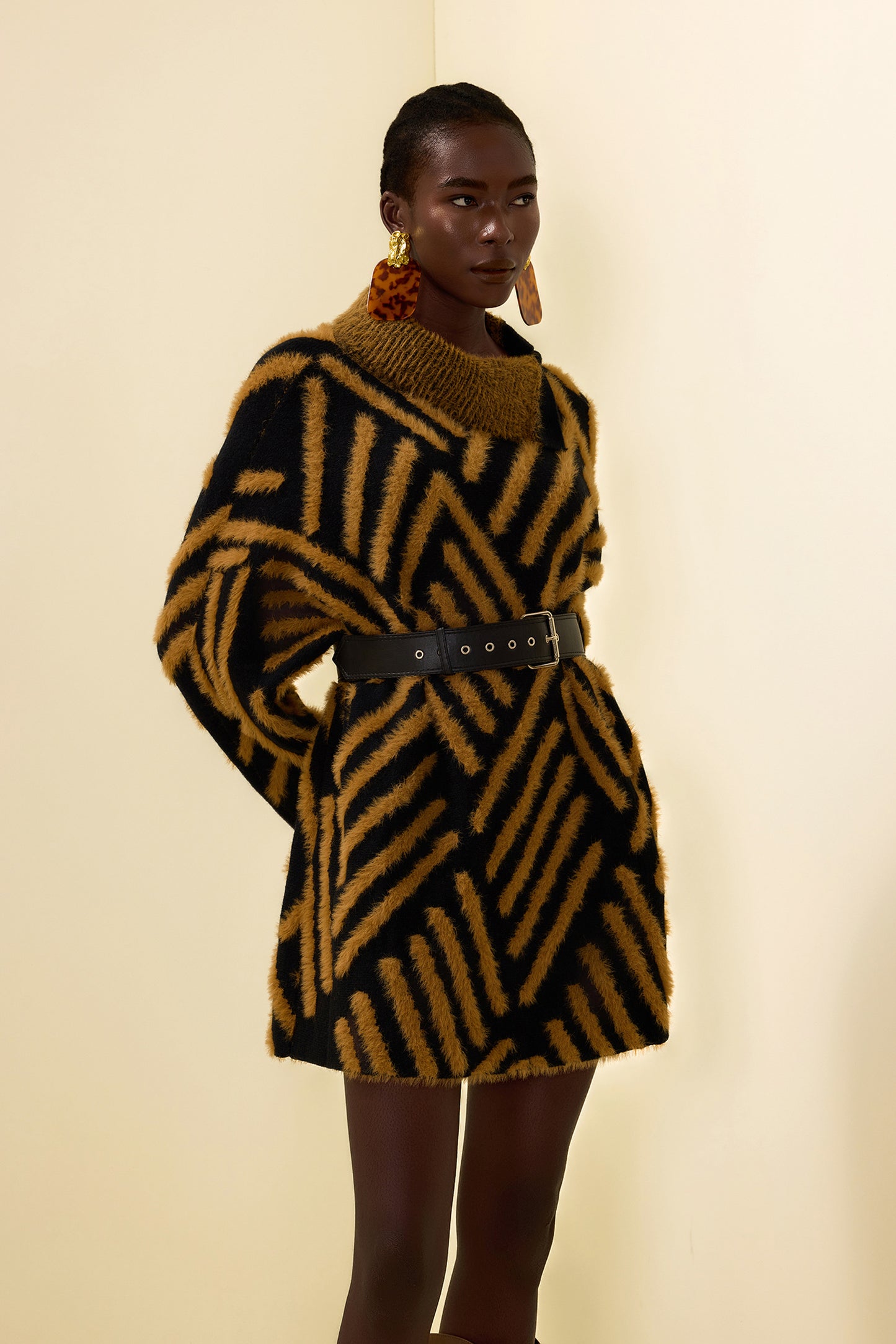 High Neck Long Sleeve Sweater With Belt