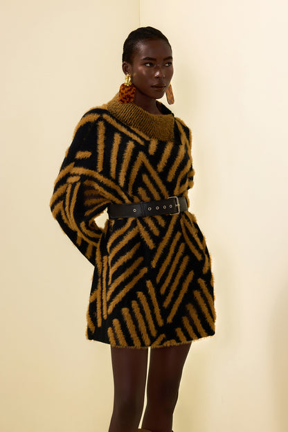 High Neck Long Sleeve Sweater With Belt