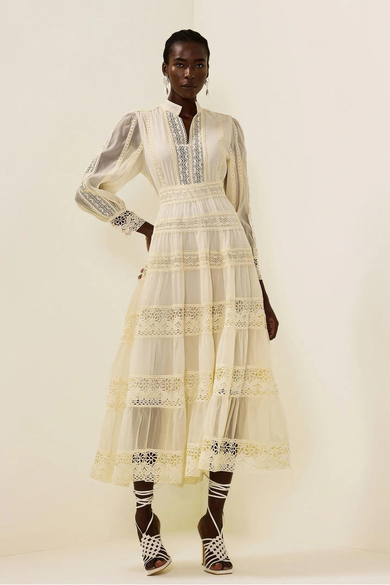 Lace Embroidered Lantern Sleeve Midi Dress