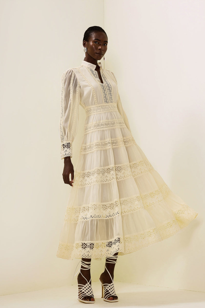 Lace Embroidered Lantern Sleeve Midi Dress