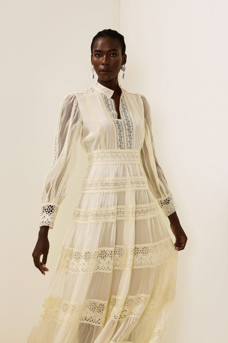 Lace Embroidered Lantern Sleeve Midi Dress