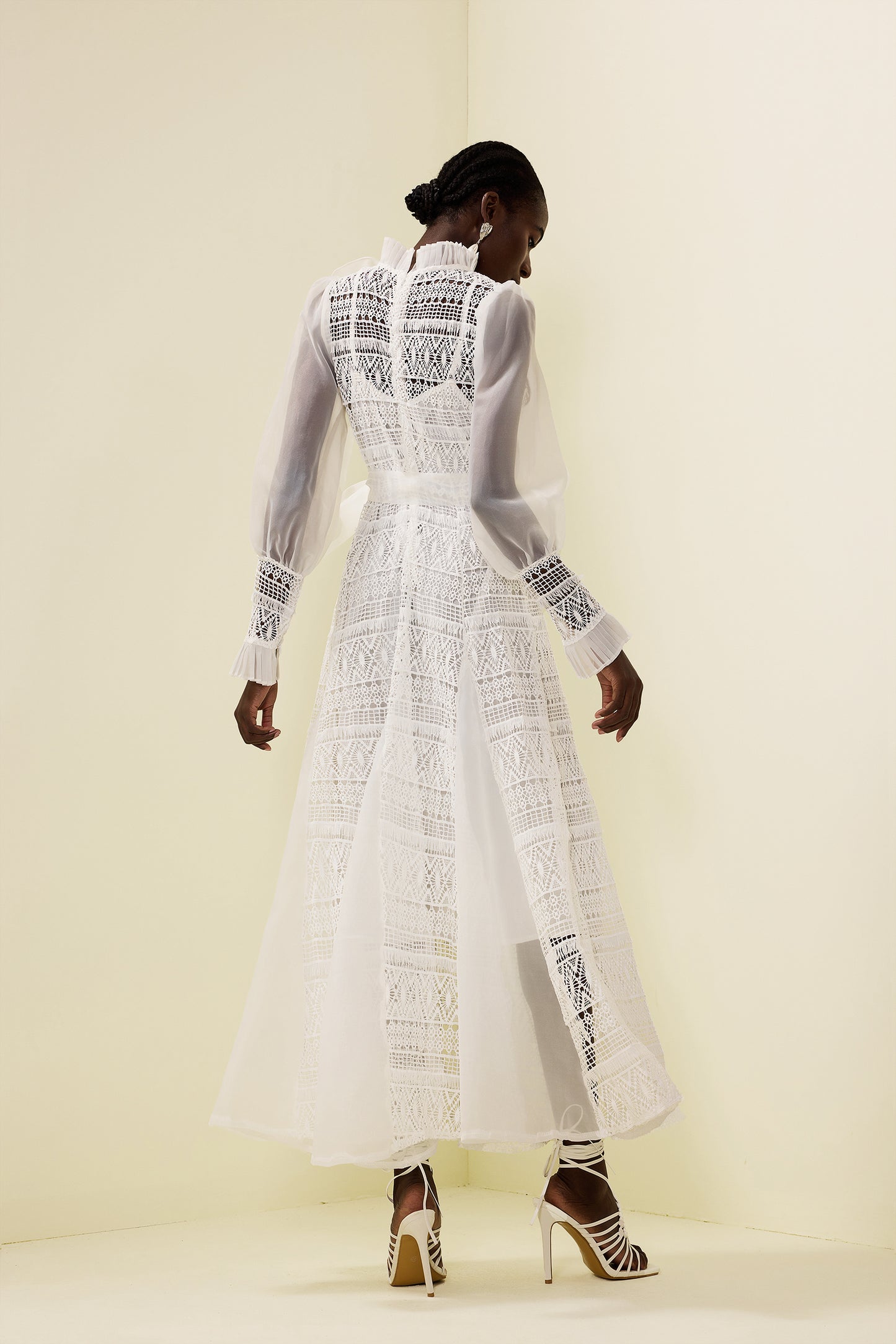 3d Flower Lace Puff Sleeve Midi Dress