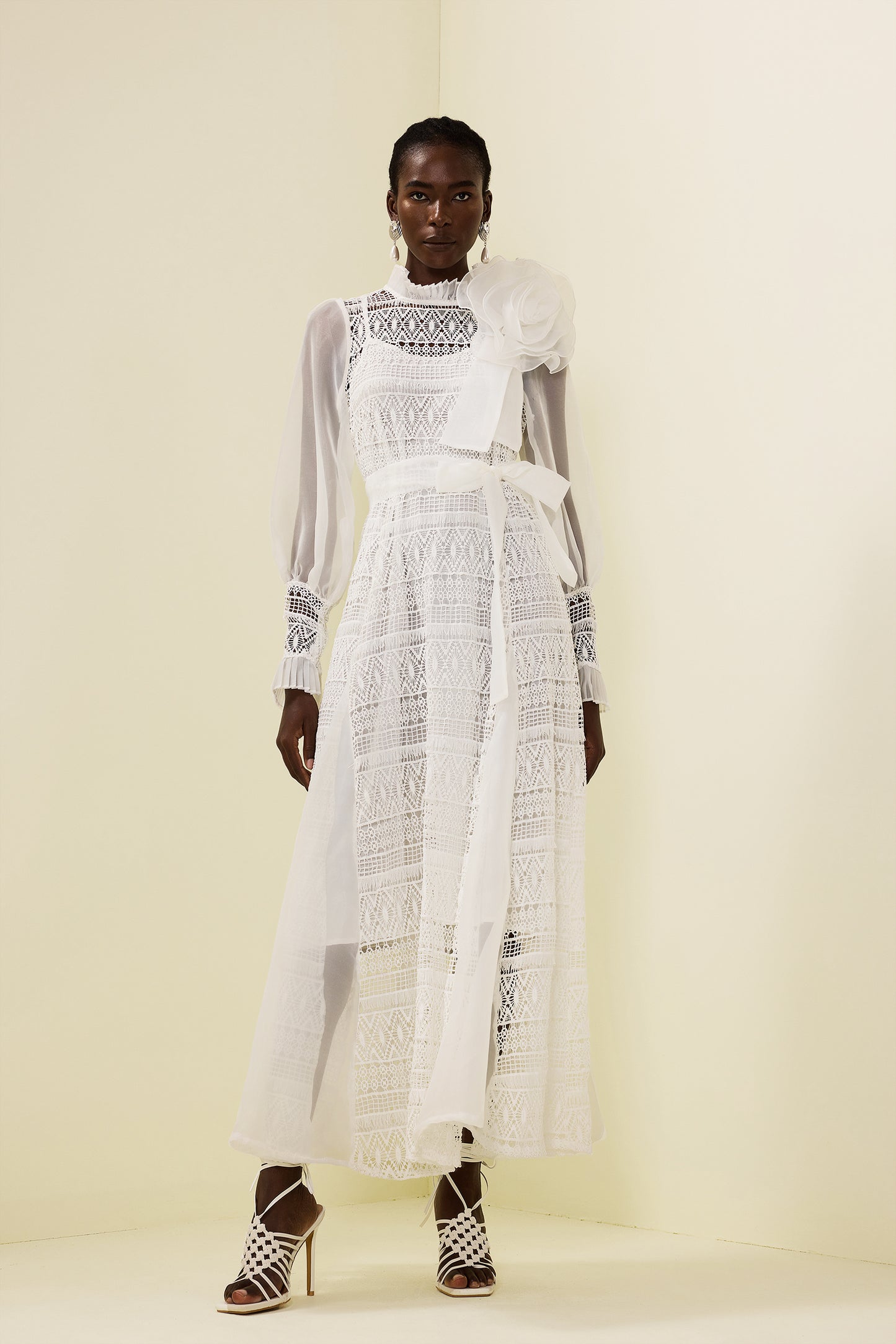 3d Flower Lace Puff Sleeve Midi Dress