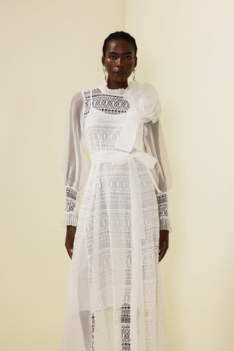 3d Flower Lace Puff Sleeve Midi Dress