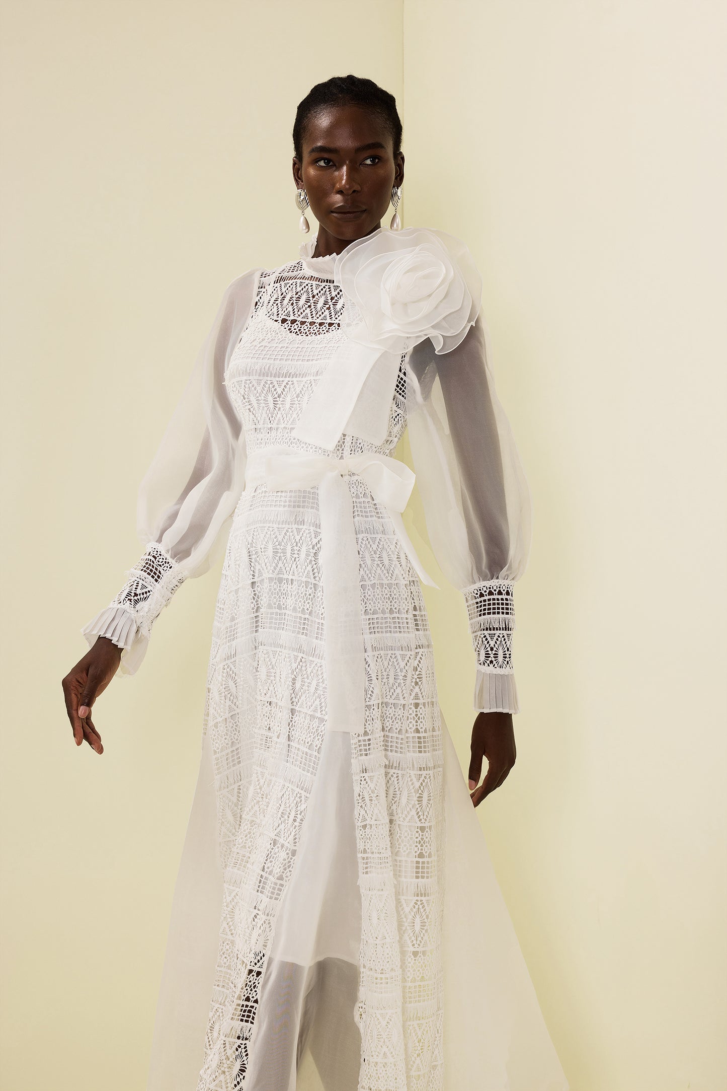 3d Flower Lace Puff Sleeve Midi Dress