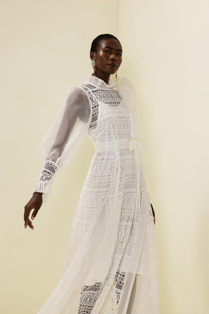 3d Flower Lace Puff Sleeve Midi Dress