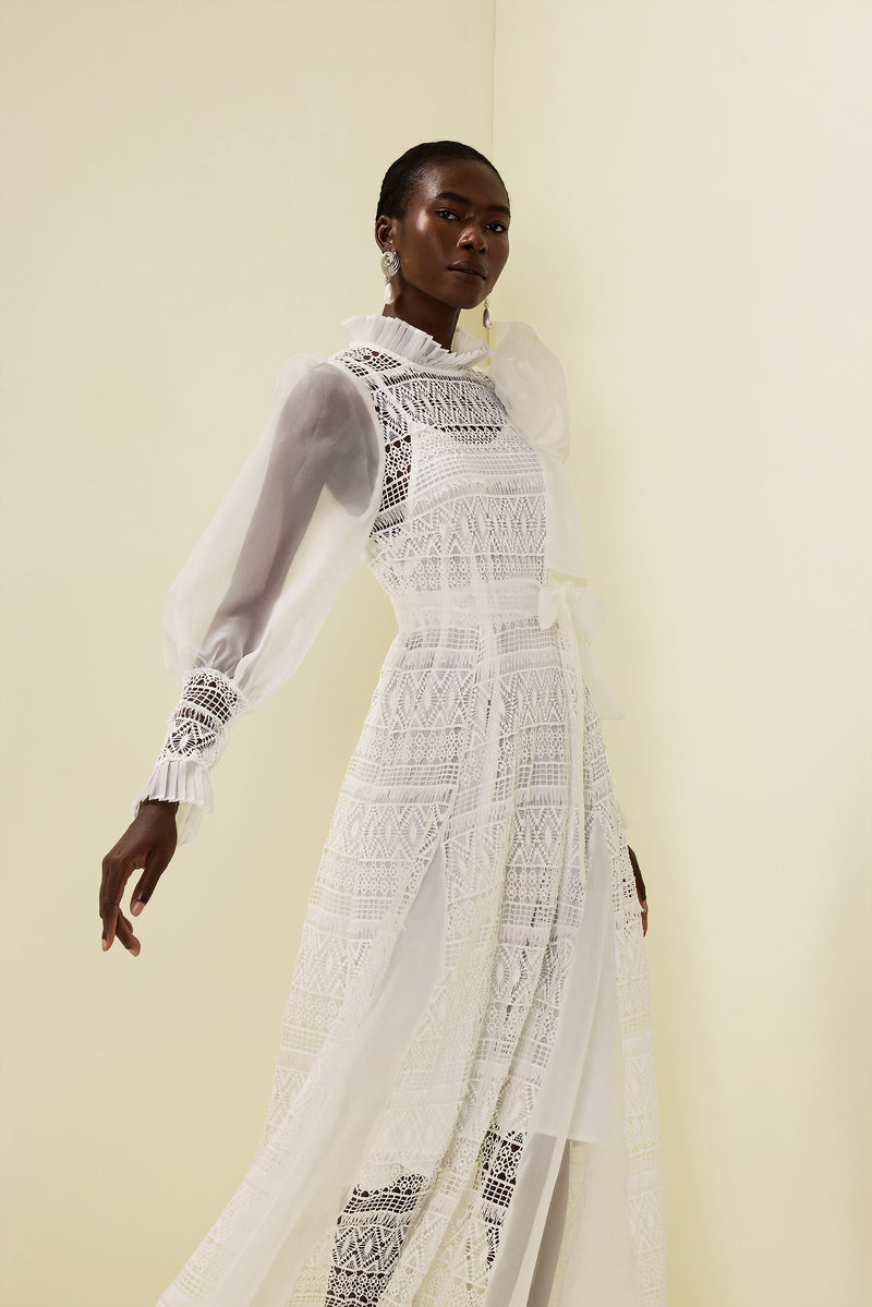 3d Flower Lace Puff Sleeve Midi Dress