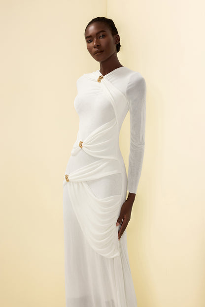 Knit Ruched Long Sleeve Maxi Dress White