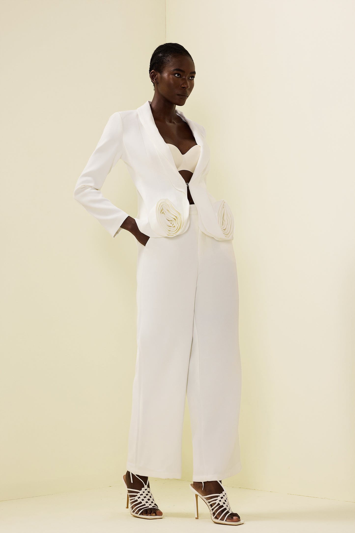 3d Flower Long Sleeve Blazer & High Waist Pants Set