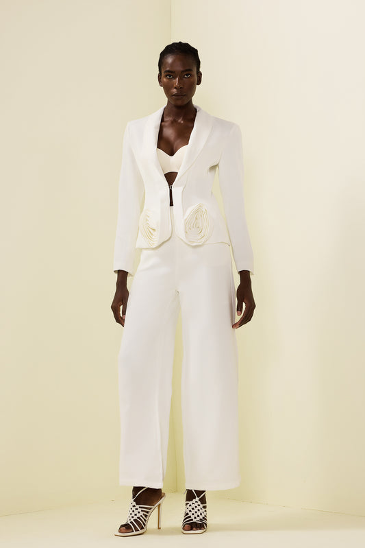 3d Flower Long Sleeve Blazer & High Waist Pants Set