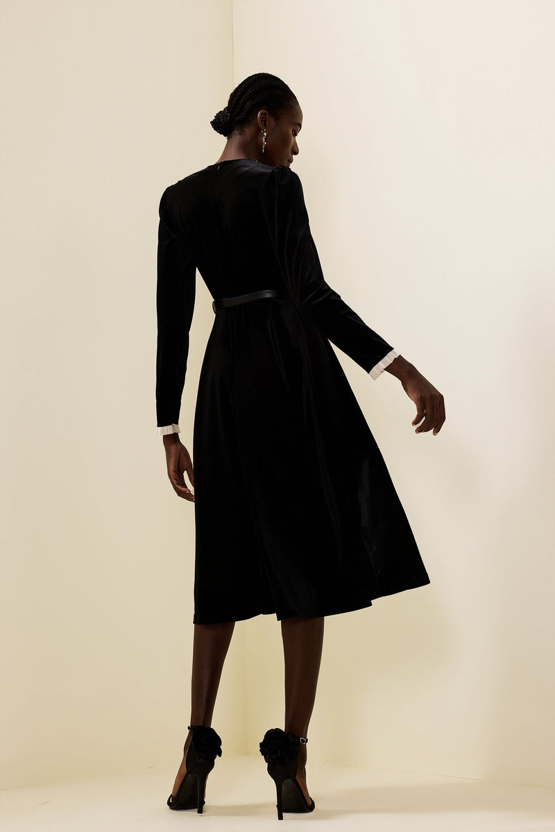Velvet Rhinestone Bow Midi Dress
