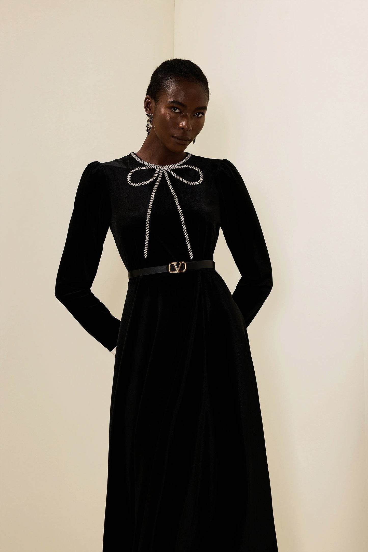 Velvet Rhinestone Bow Midi Dress