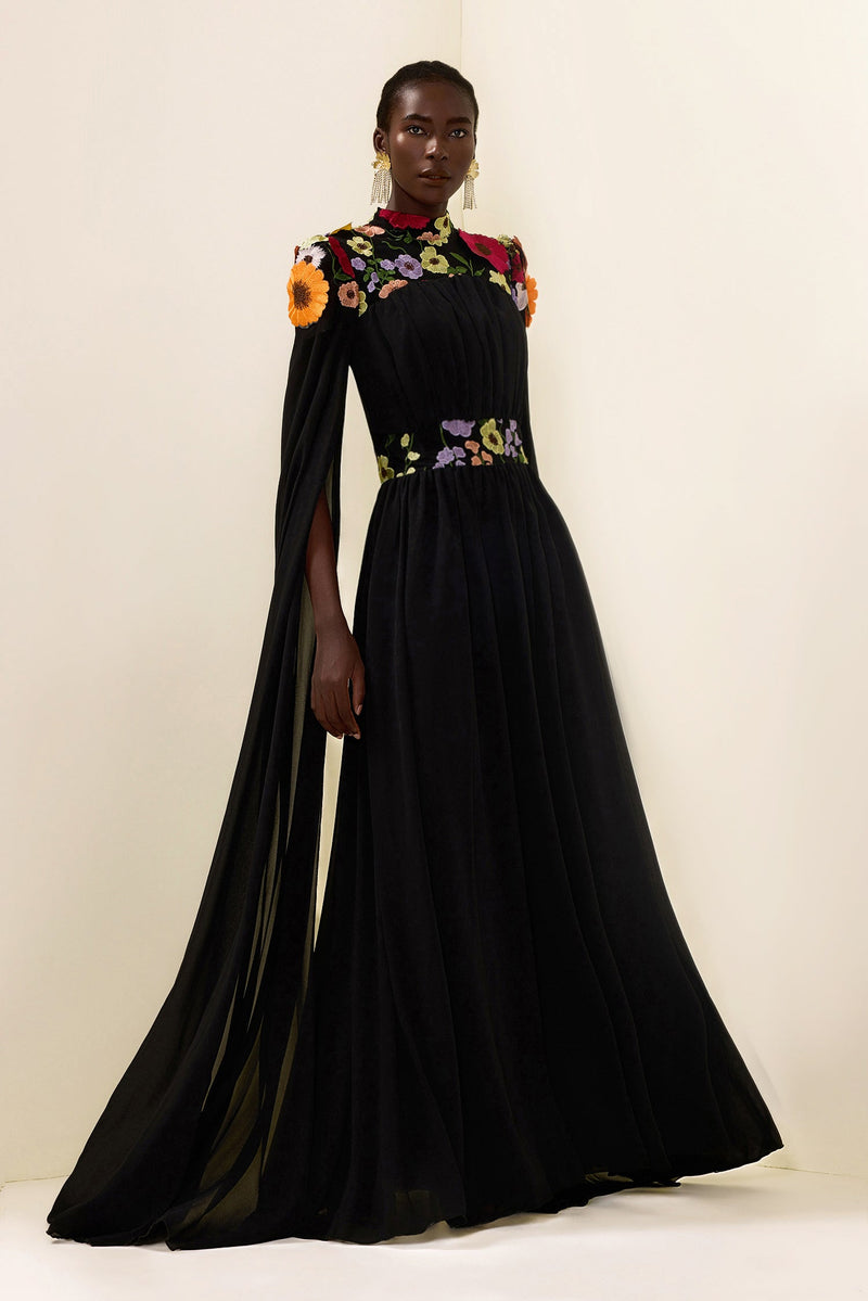 Embroidered Cape Sleeve Maxi Dress