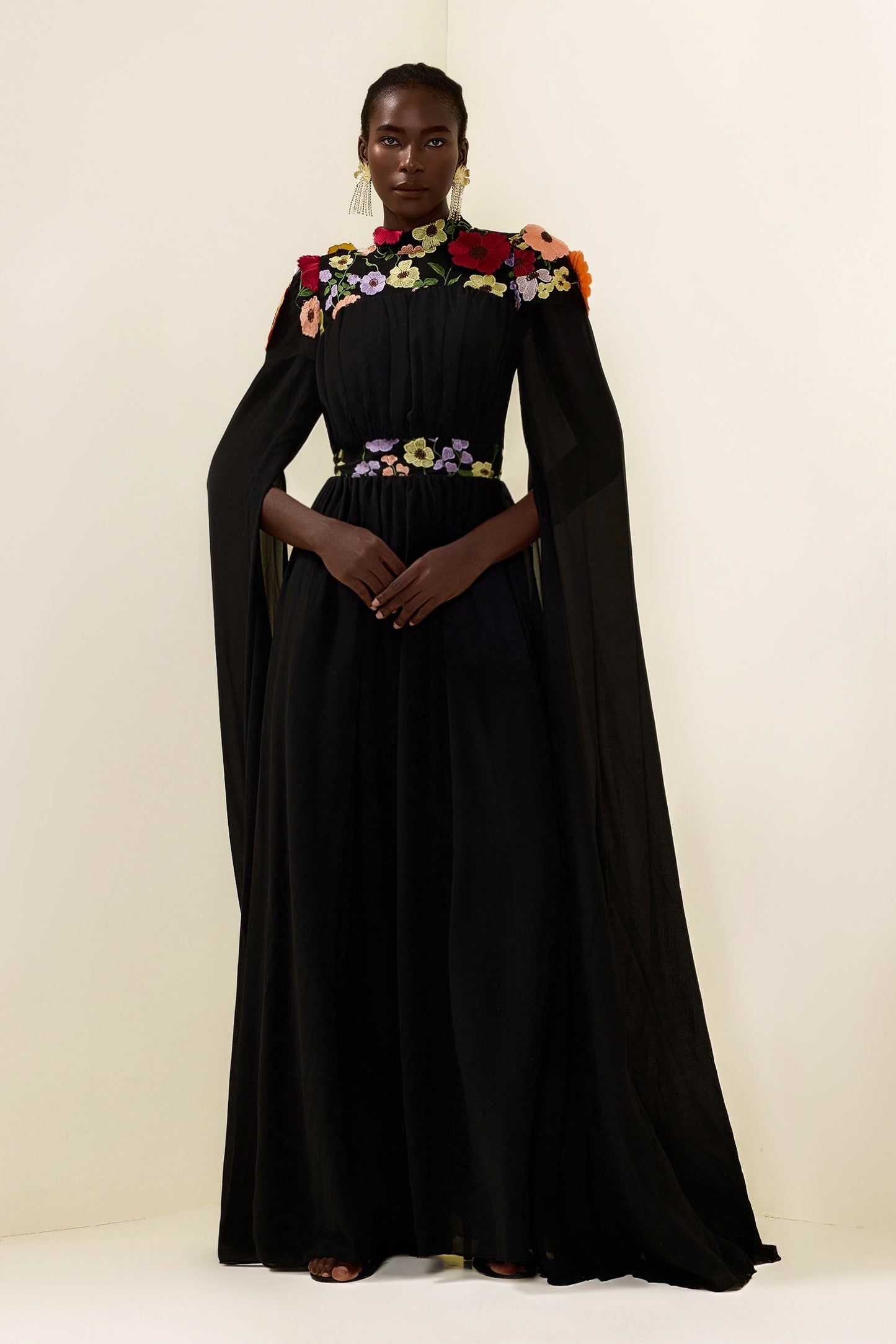 Embroidered Cape Sleeve Maxi Dress