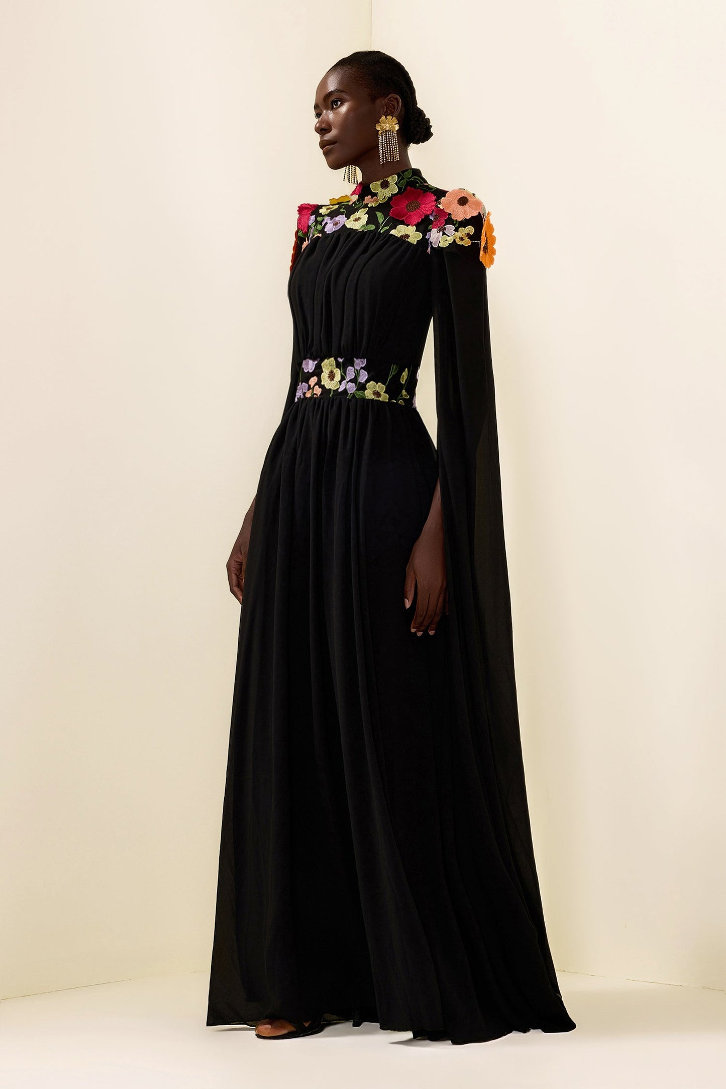 Embroidered Cape Sleeve Maxi Dress