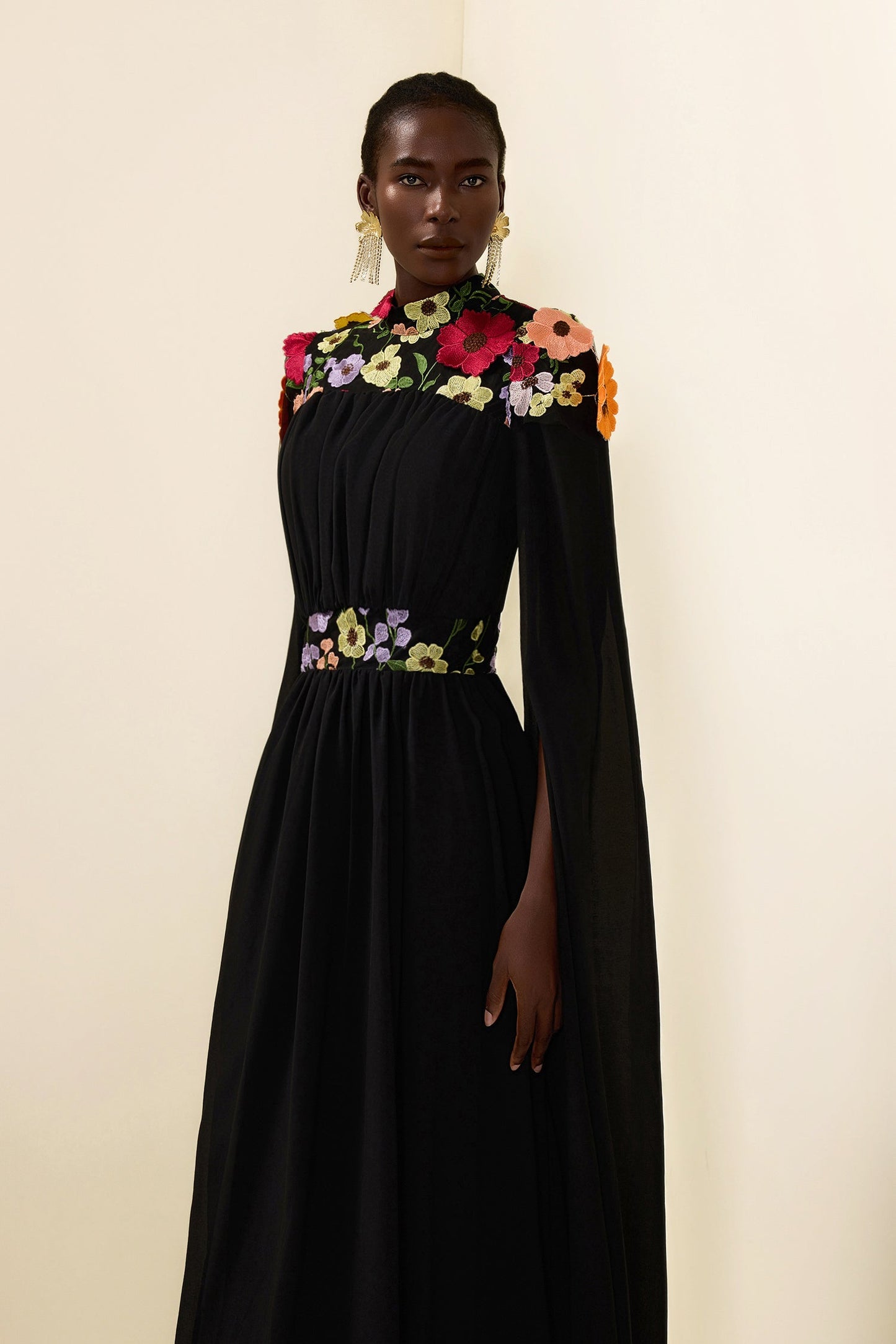 Embroidered Cape Sleeve Maxi Dress