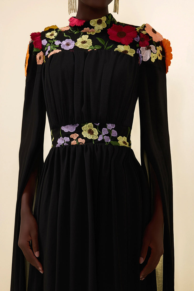 Embroidered Cape Sleeve Maxi Dress
