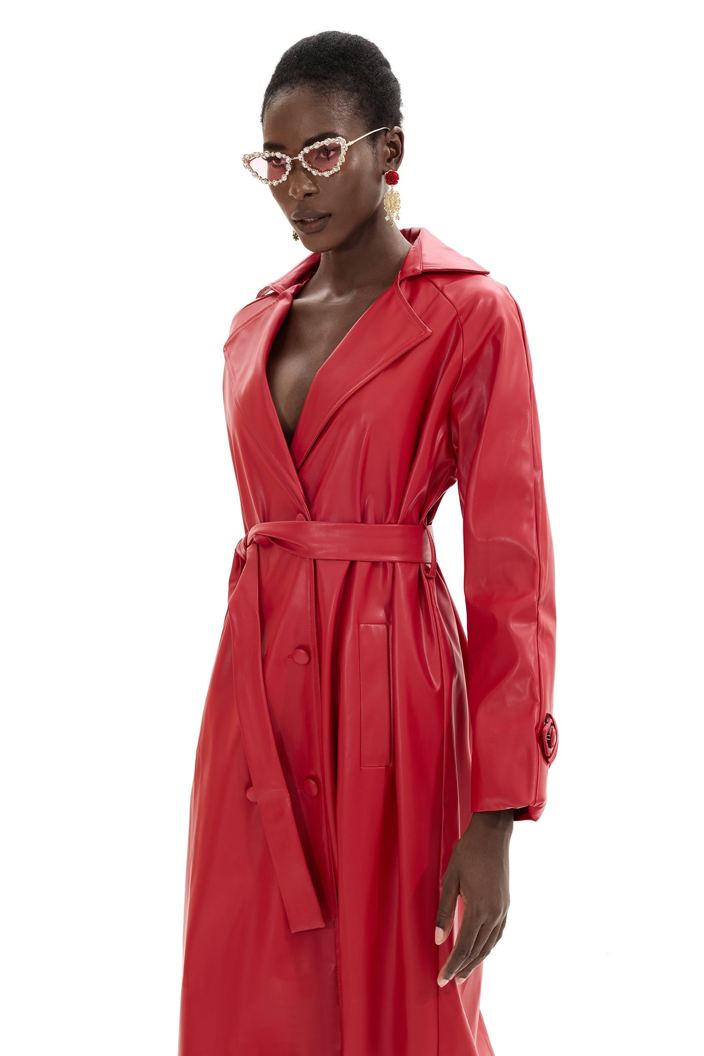 Pu Leather Double Breasted Midi Coat