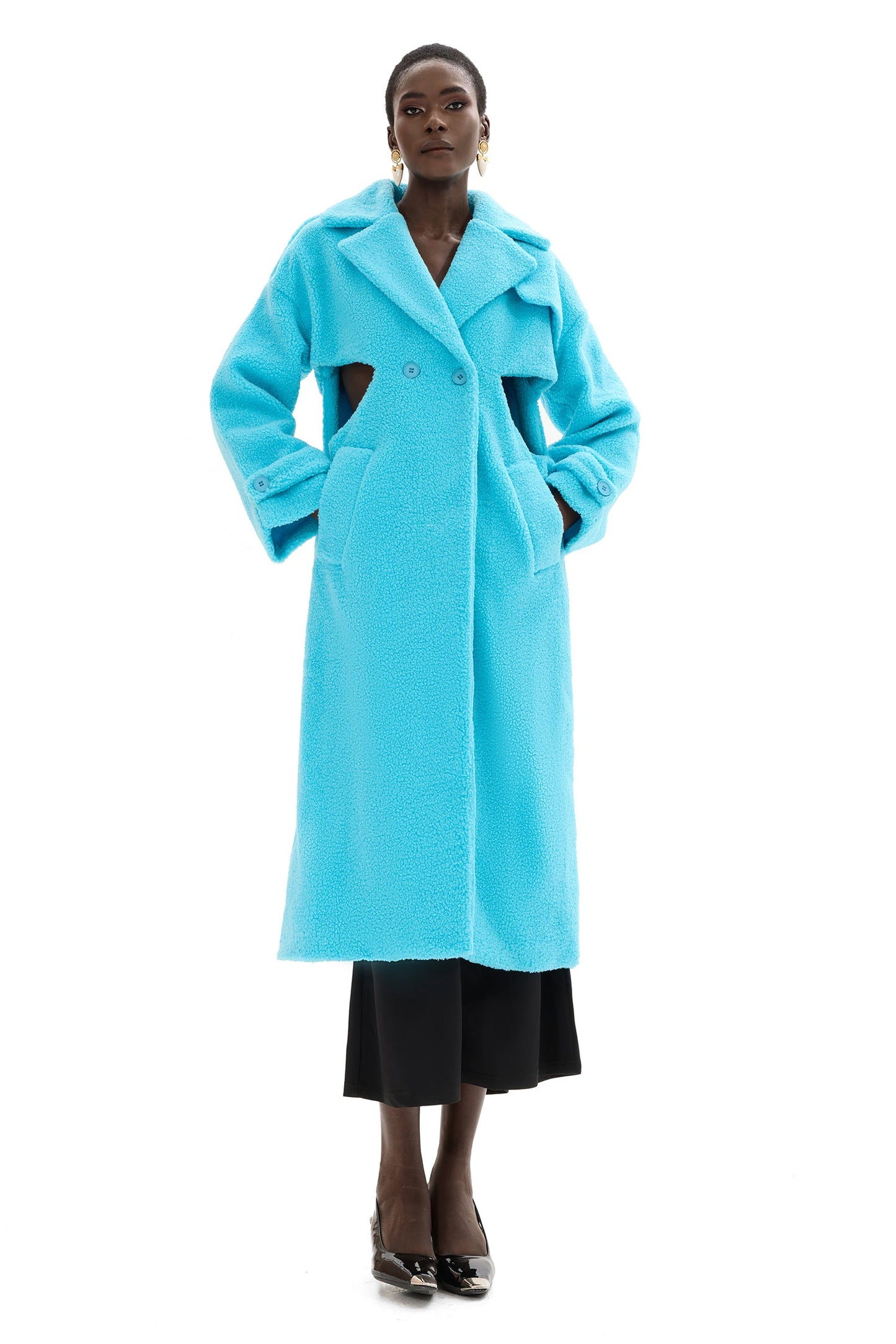Granular Fleece Fabric Cut-out Midi Coat