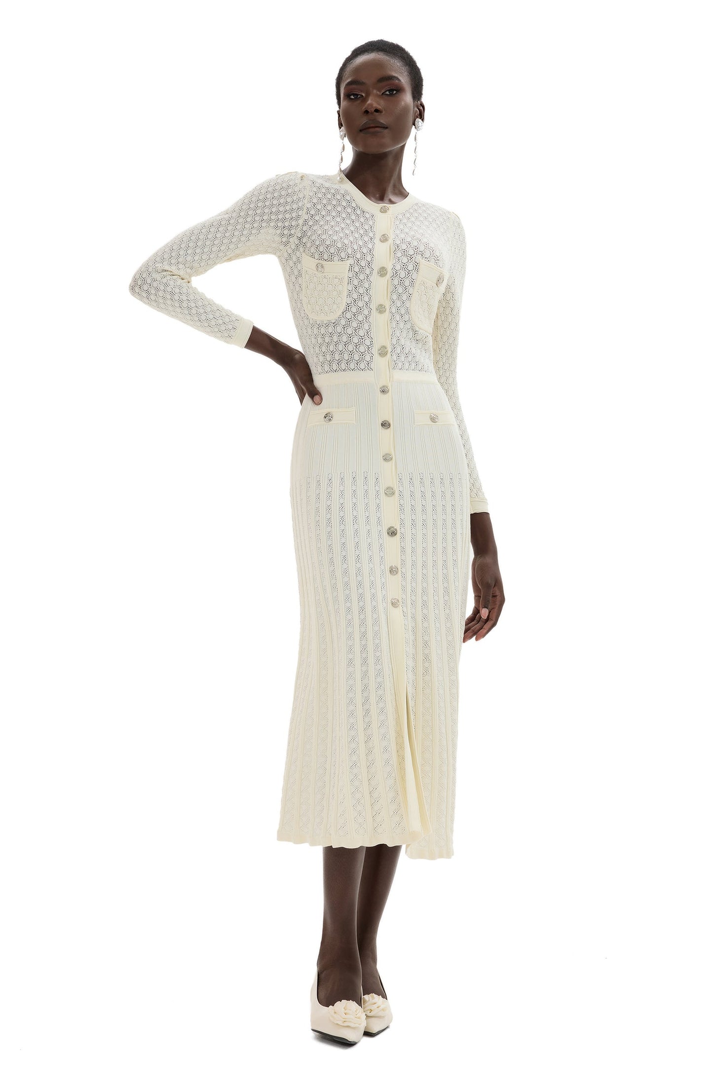 Knit Button Long Sleeve Midi Dress